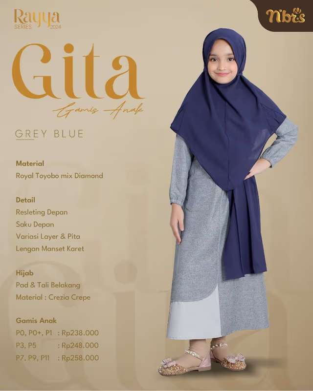 NIBRAS Gamis Anak GITA - Grey Blue